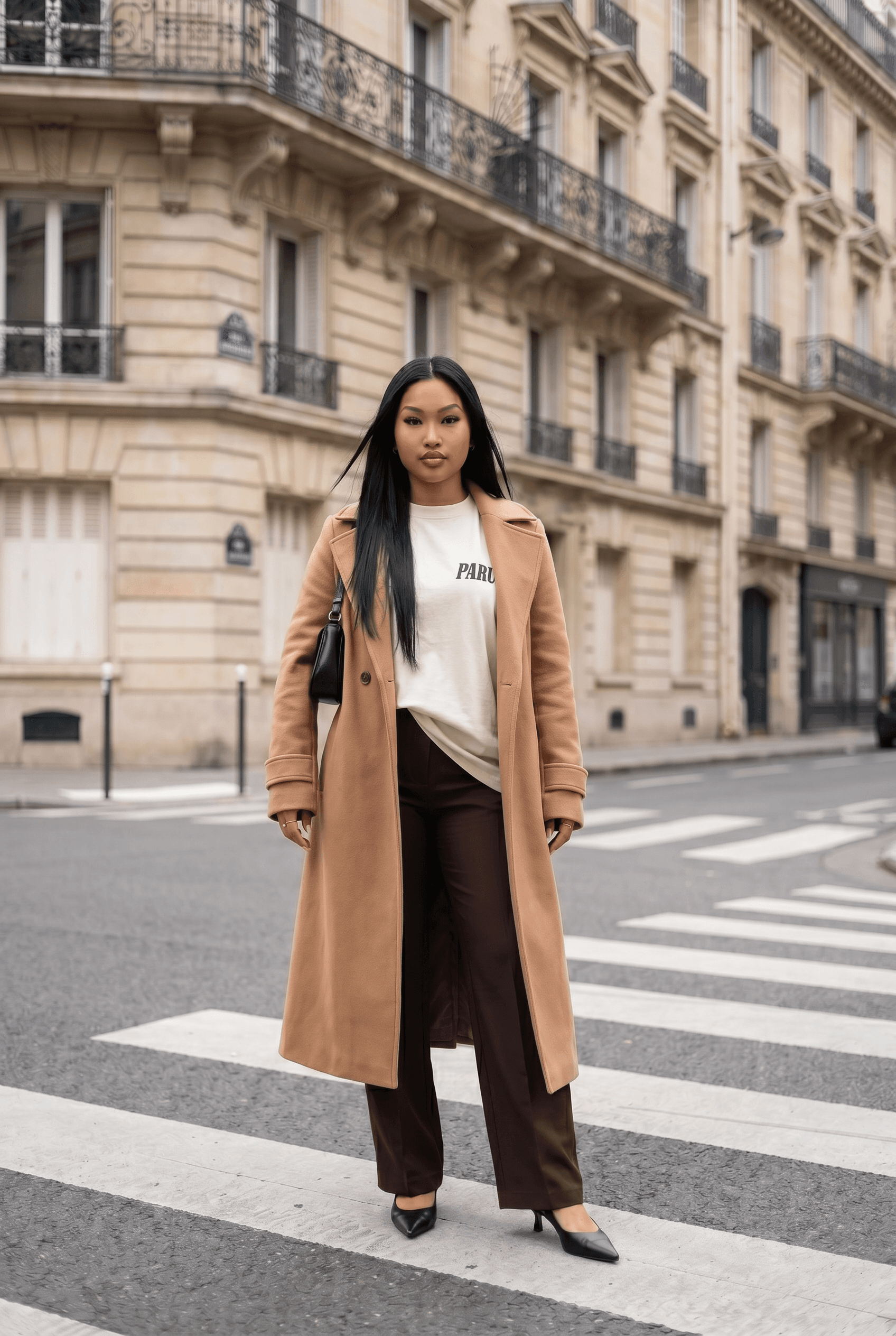 Mannequin en pull jacquard zébré noir Parure, accroupie, look streetwear