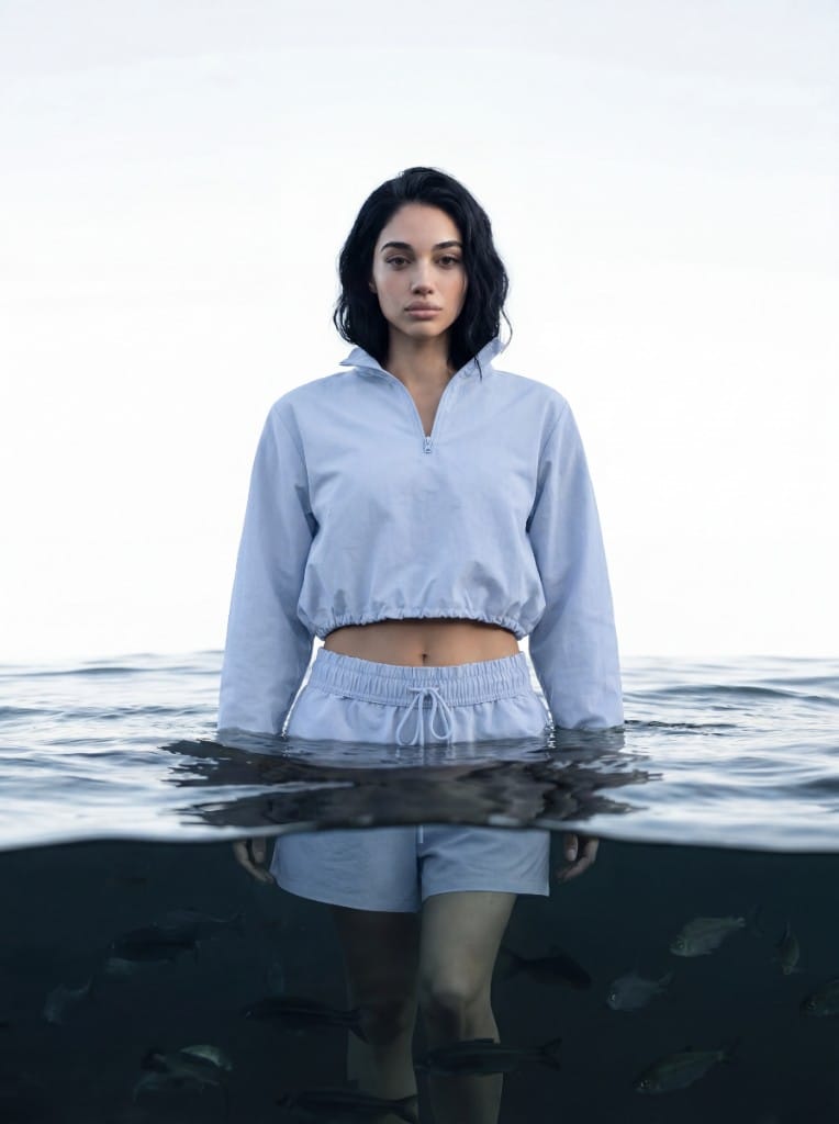 Mannequin dans l’eau, ensemble bleu clair