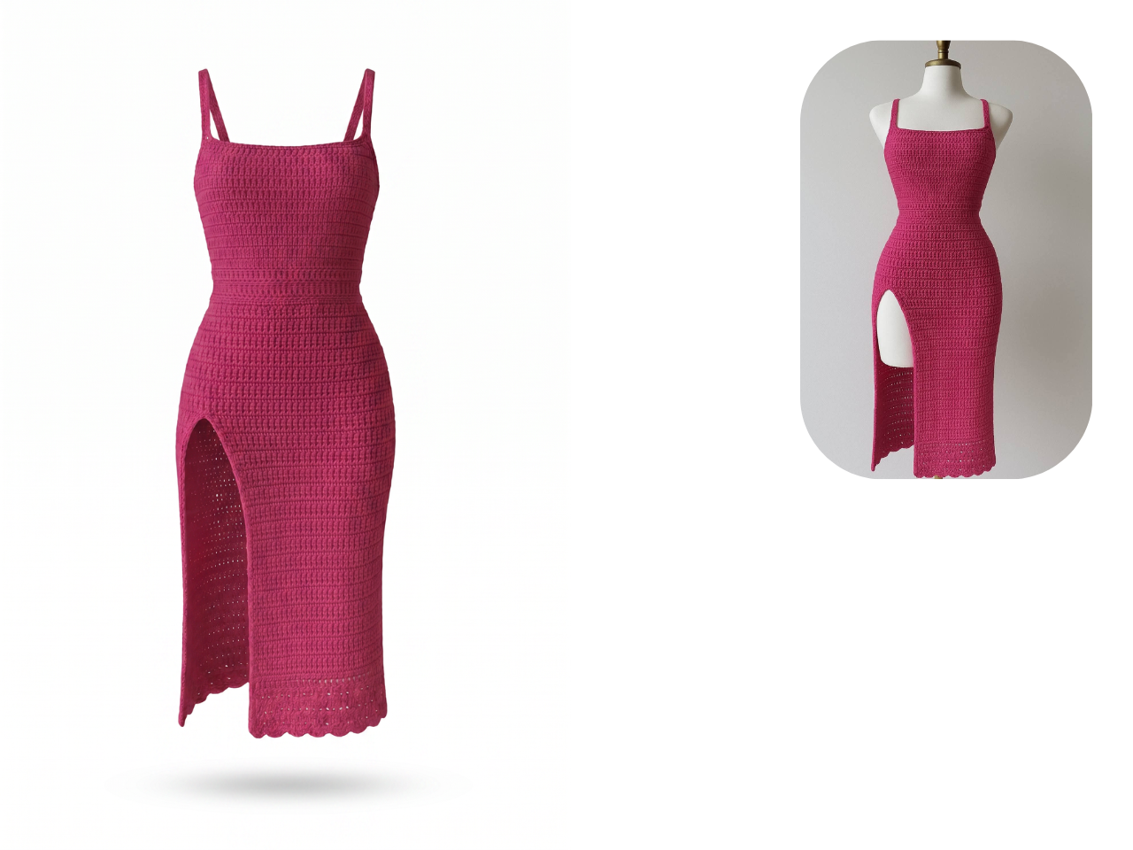 Transformation en packshot : robe en maille rose, rendu produit sur fond clair